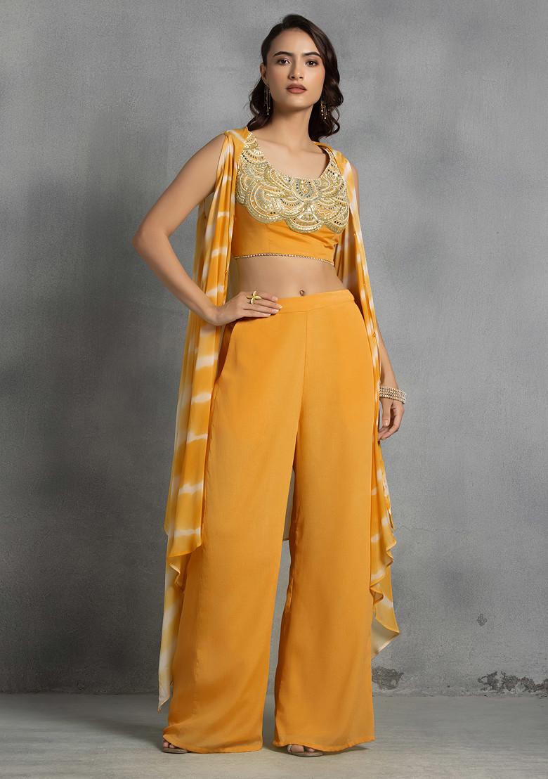 Mustard Tie Dye Cape Set With Mirror Sequin Hand Embroidered Blouse And Pants