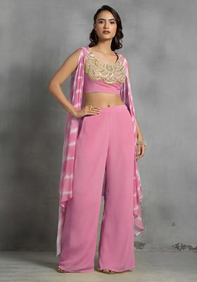 Pink Tie Dye Cape Set With Mirror Sequin Hand Embroidered Blouse And Pants