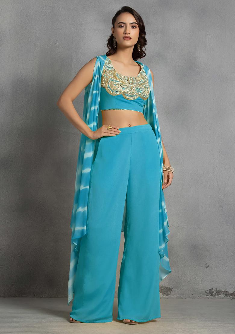 Blue Tie Dye Cape Set With Mirror Sequin Hand Embroidered Blouse And Pants