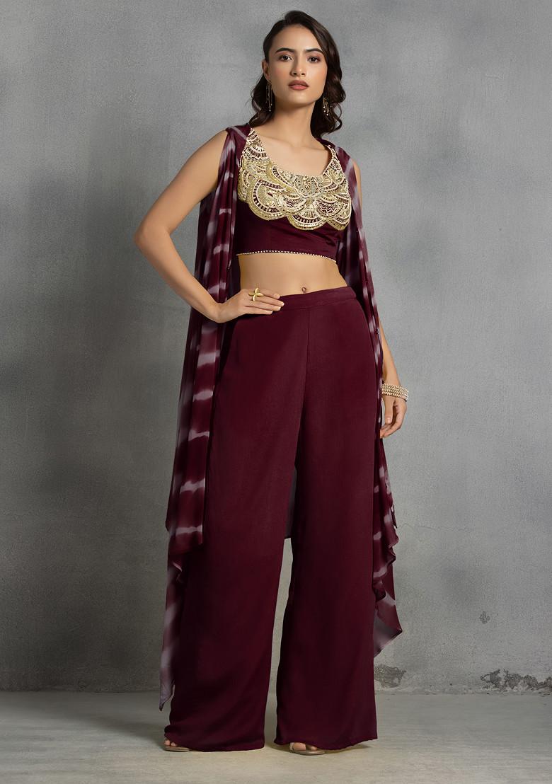Wine Tie Dye Cape Set With Mirror Sequin Hand Embroidered Blouse And Pants