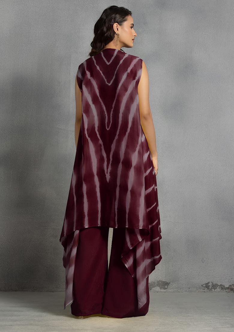 Wine Tie Dye Cape Set With Mirror Sequin Hand Embroidered Blouse And Pants