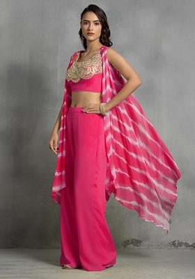 Hot Pink Tie Dye Cape Set With Mirror Sequin Hand Embroidered Blouse And Pants