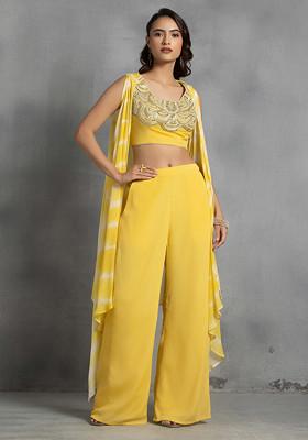 Yellow Tie Dye Cape Set With Mirror Sequin Hand Embroidered Blouse And Pants