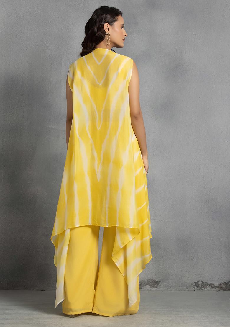 Yellow Tie Dye Cape Set With Mirror Sequin Hand Embroidered Blouse And Pants
