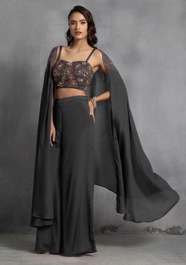 Black Sequin Embroidered Cape Set With Hand Embroidered Blouse And Pants