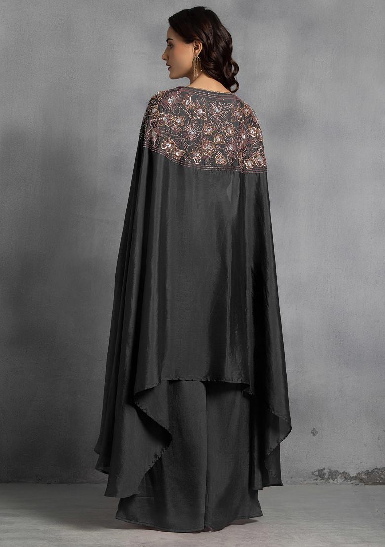 Black Sequin Embroidered Cape Set With Hand Embroidered Blouse And Pants