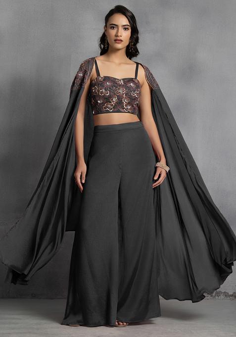 Black Sequin Embroidered Cape Set With Hand Embroidered Blouse And Pants