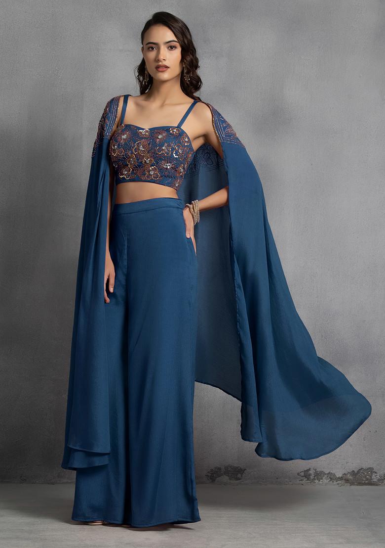 Teal Blue Sequin Embroidered Cape Set With Hand Embroidered Blouse And Pants