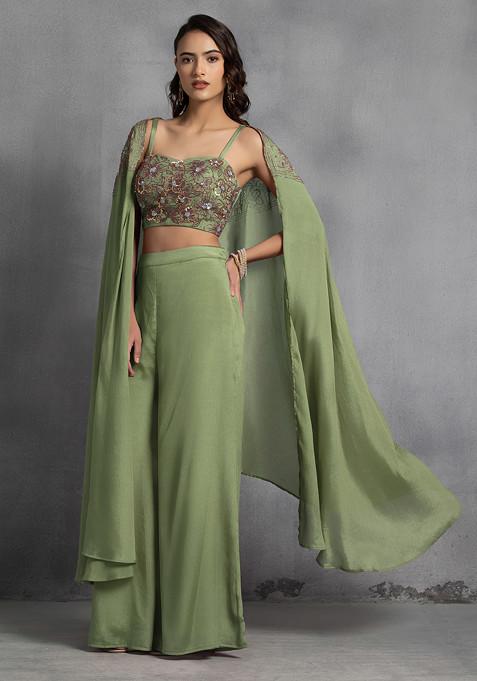 Lime Green Sequin Embroidered Cape Set With Hand Embroidered Blouse And Pants