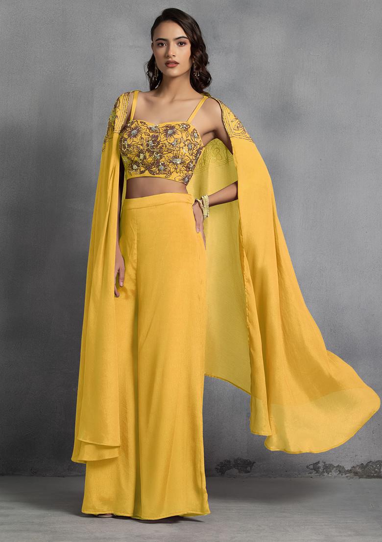 Yellow Sequin Embroidered Cape Set With Hand Embroidered Blouse And Pants