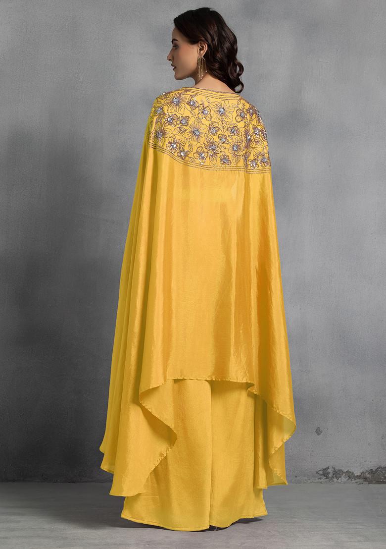 Yellow Sequin Embroidered Cape Set With Hand Embroidered Blouse And Pants