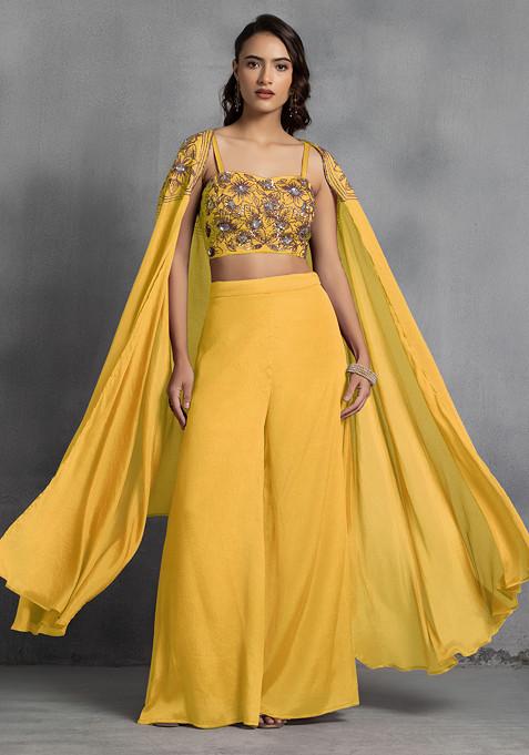 Yellow Sequin Embroidered Cape Set With Hand Embroidered Blouse And Pants