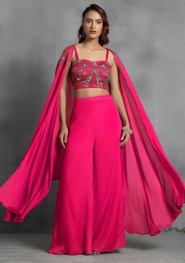 Hot Pink Sequin Embroidered Cape Set With Hand Embroidered Blouse And Pants
