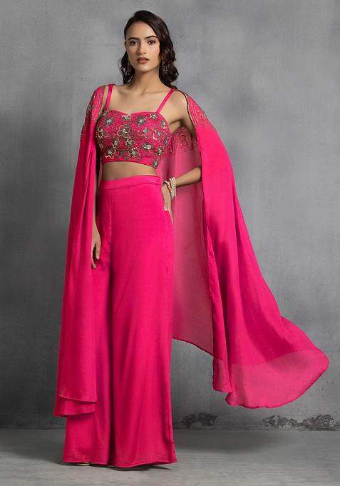 Hot Pink Sequin Embroidered Cape Set With Hand Embroidered Blouse And Pants