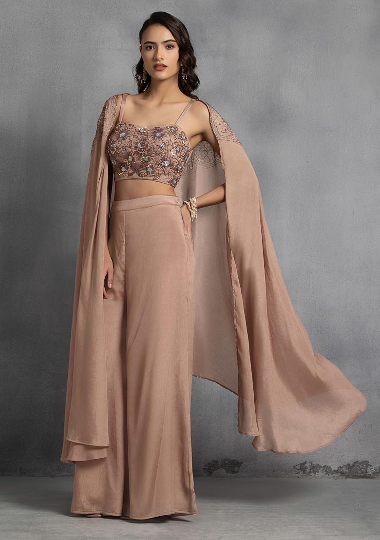 Beige Sequin Embroidered Cape Set With Hand Embroidered Blouse And Pants