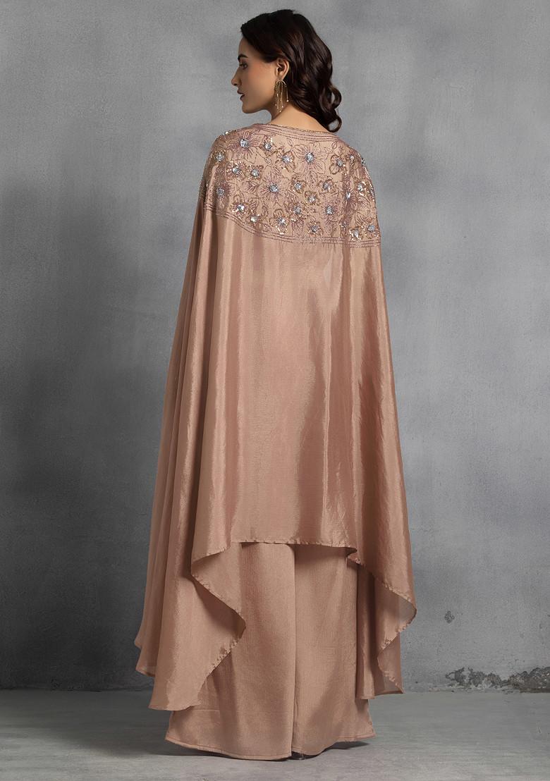 Beige Sequin Embroidered Cape Set With Hand Embroidered Blouse And Pants
