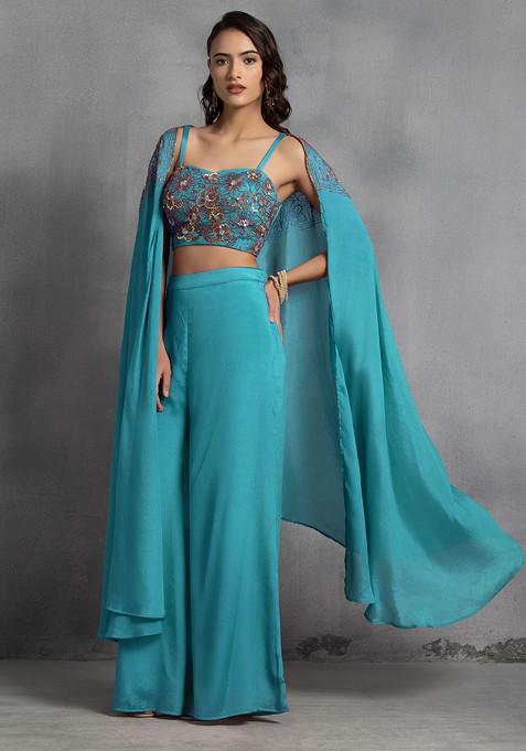Blue Sequin Embroidered Cape Set With Hand Embroidered Blouse And Pants