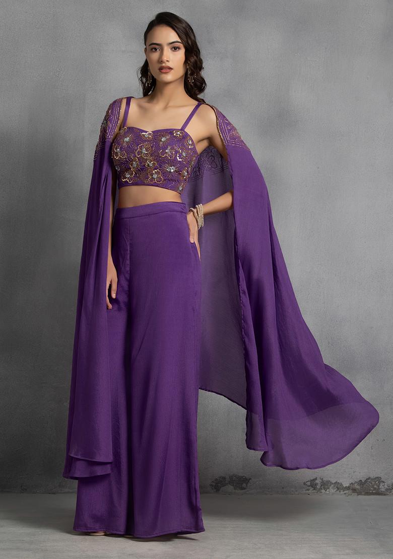 Purple Sequin Embroidered Cape Set With Hand Embroidered Blouse And Pants
