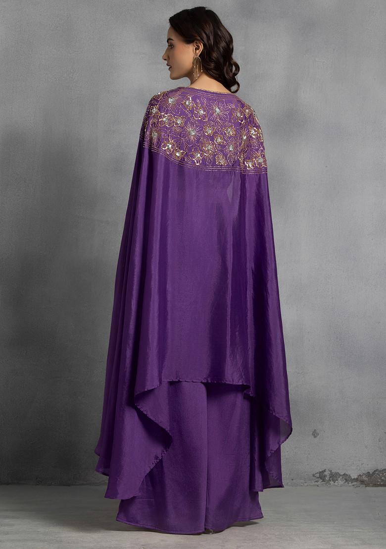 Purple Sequin Embroidered Cape Set With Hand Embroidered Blouse And Pants
