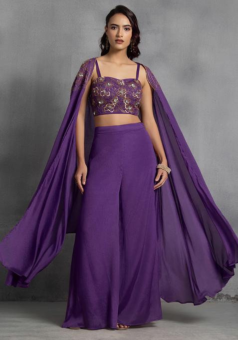 Purple Sequin Embroidered Cape Set With Hand Embroidered Blouse And Pants