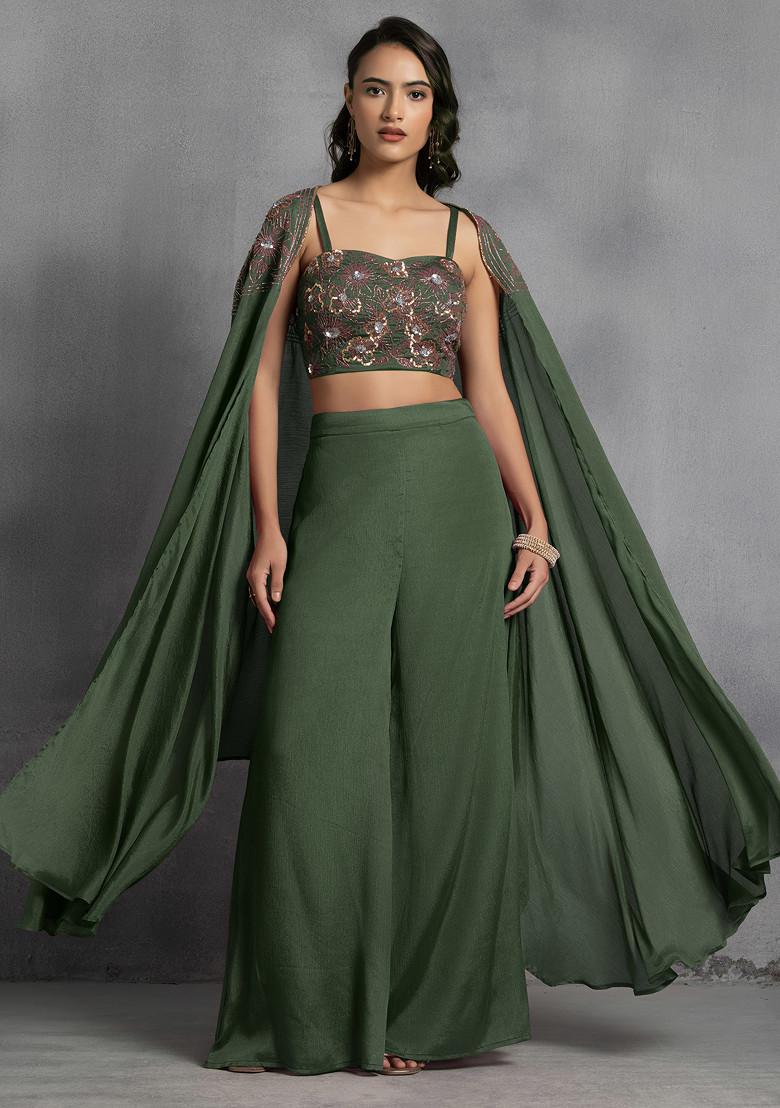 Green Sequin Embroidered Cape Set With Hand Embroidered Blouse And Pants