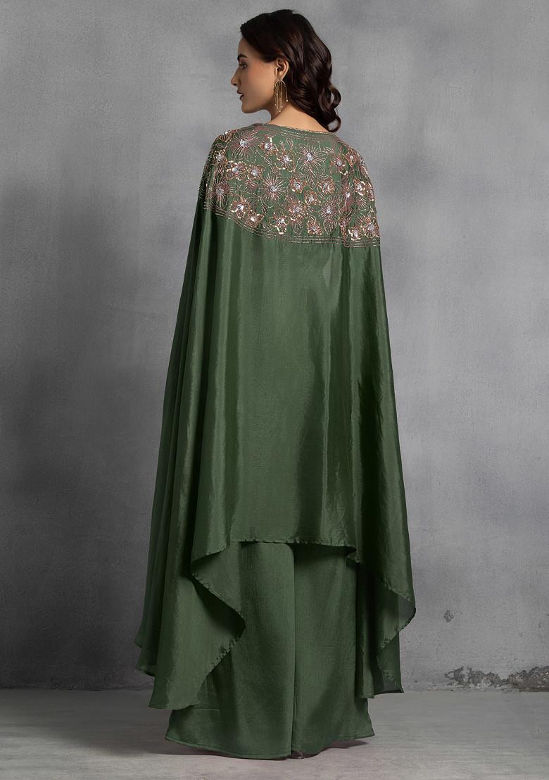 Green Sequin Embroidered Cape Set With Hand Embroidered Blouse And Pants