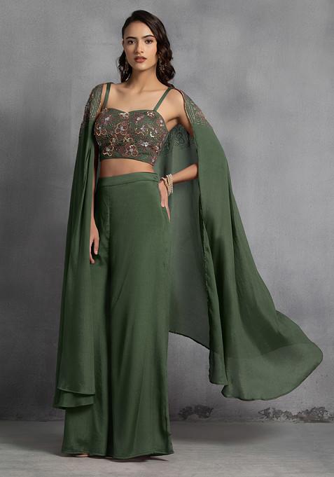 Green Sequin Embroidered Cape Set With Hand Embroidered Blouse And Pants