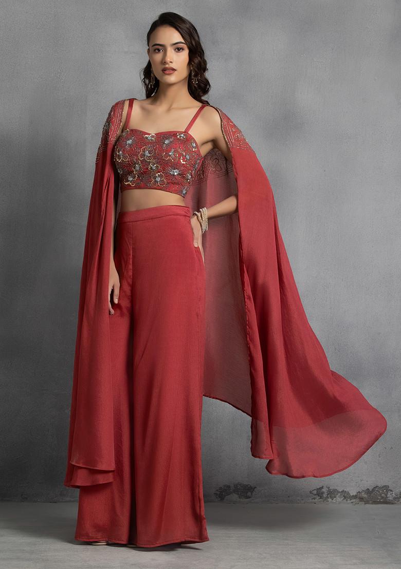 Red Sequin Embroidered Cape Set With Hand Embroidered Blouse And Pants