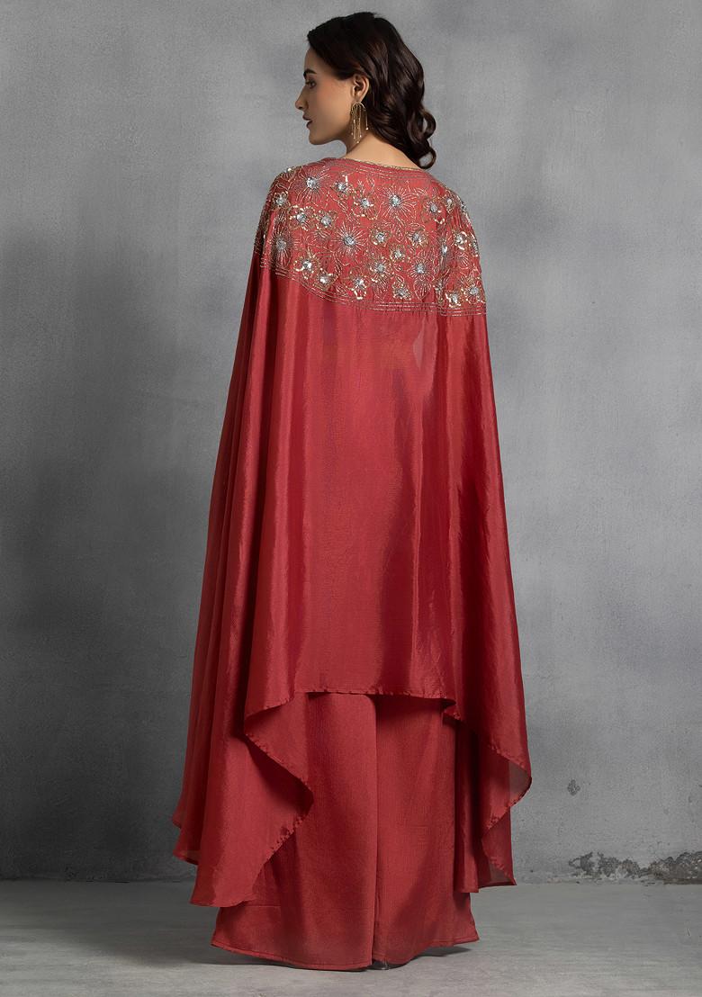 Red Sequin Embroidered Cape Set With Hand Embroidered Blouse And Pants