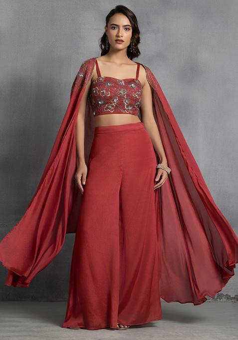 Red Sequin Embroidered Cape Set With Hand Embroidered Blouse And Pants