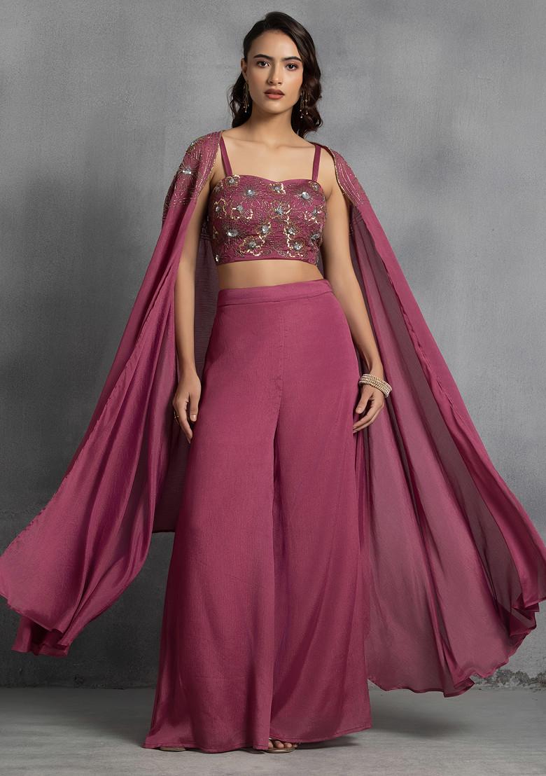 Mauve Sequin Embroidered Cape Set With Hand Embroidered Blouse And Pants
