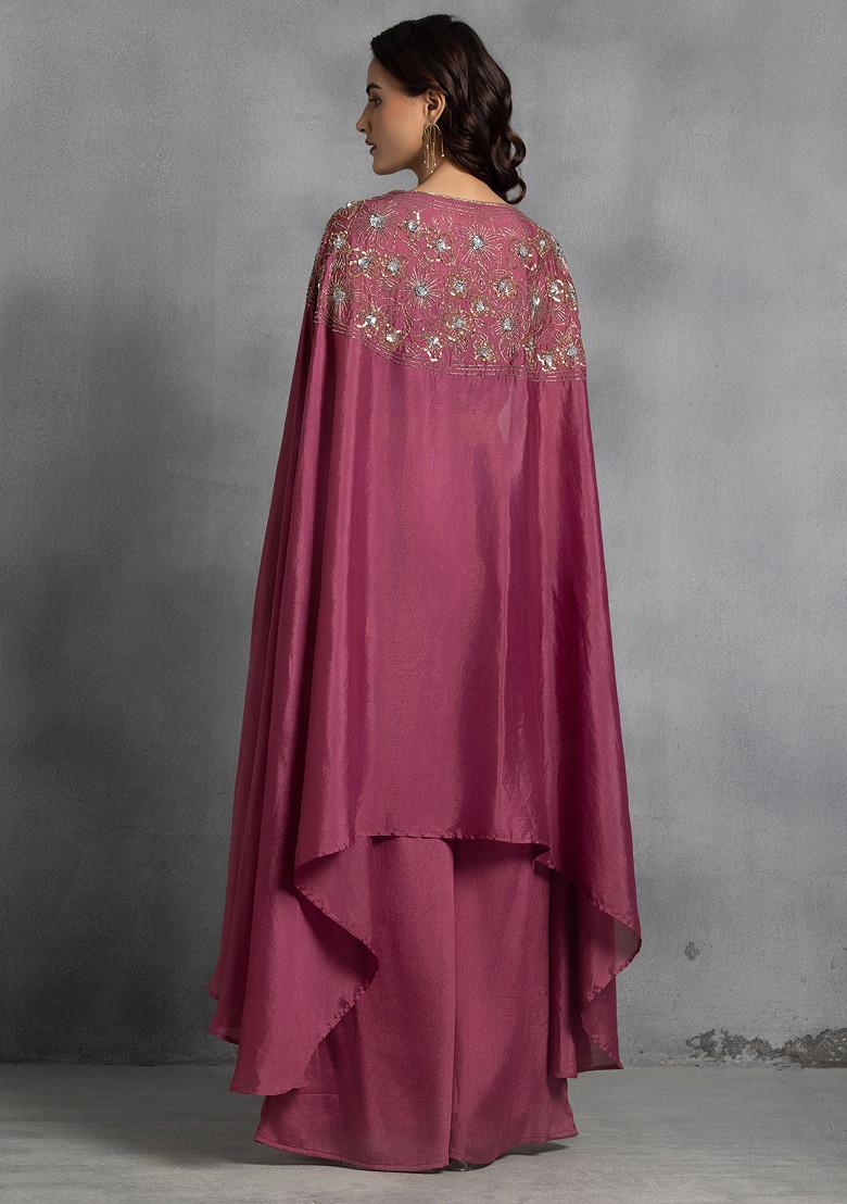 Mauve Sequin Embroidered Cape Set With Hand Embroidered Blouse And Pants