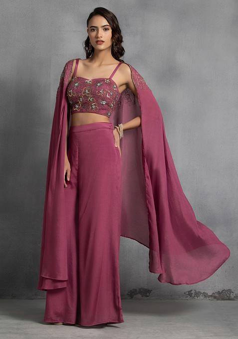 Mauve Sequin Embroidered Cape Set With Hand Embroidered Blouse And Pants