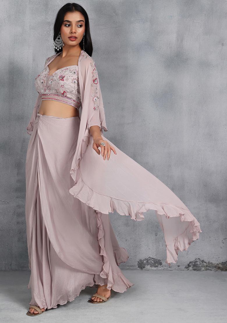 Light Pink Pleated Skirt Set With Cutdana Bead Embellished Blouse And Embellished Jacket