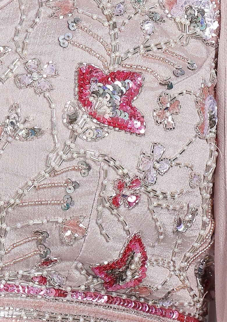 Light Pink Pleated Skirt Set With Cutdana Bead Embellished Blouse And Embellished Jacket