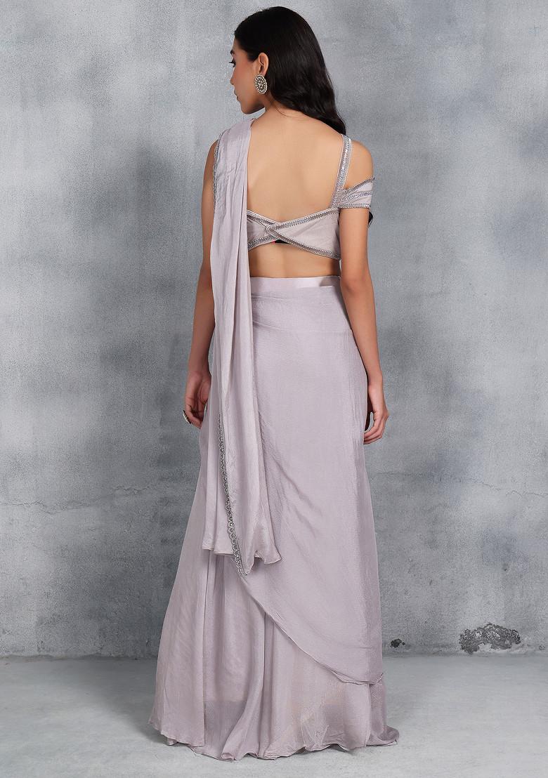 Grey Draped Skirt Set With Cutdana Embellished Blouse And Attached Dupatta