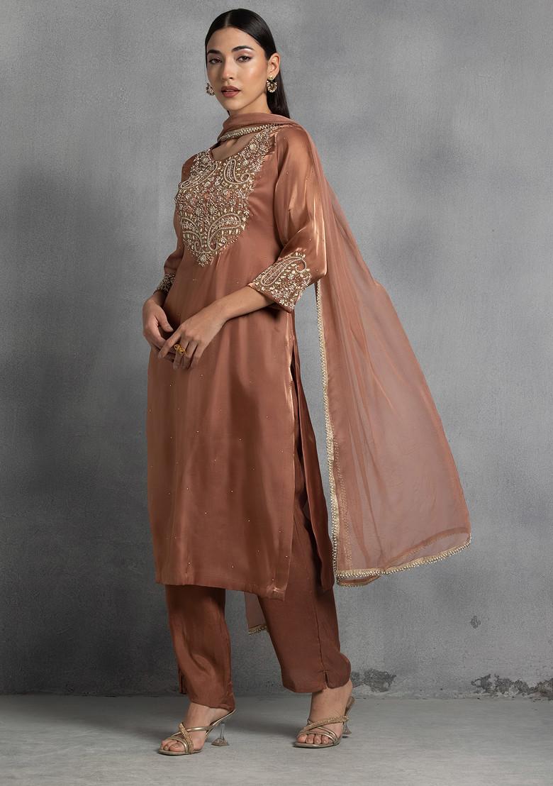 Brown Pearl Thread Hand Embroidered Kurta Set With Pants And Dupatta