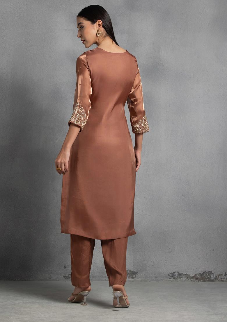Brown Pearl Thread Hand Embroidered Kurta Set With Pants And Dupatta