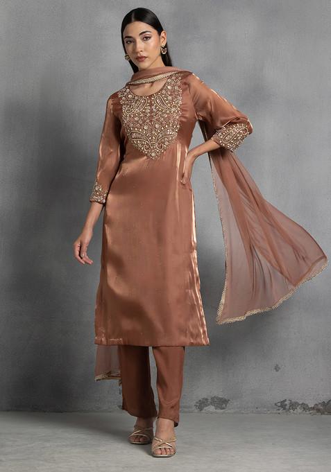Brown Pearl Thread Hand Embroidered Kurta Set With Pants And Dupatta