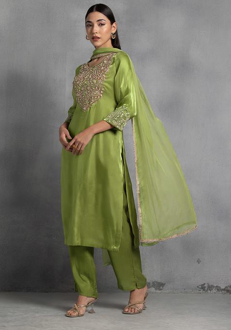 Mint Green Pearl Thread Hand Embroidered Kurta Set With Pants And Dupatta