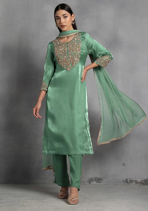 Sage Green Pearl Thread Hand Embroidered Kurta Set With Pants And Dupatta
