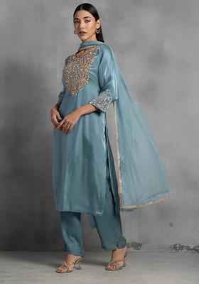 Blue Pearl Thread Hand Embroidered Kurta Set With Pants And Dupatta