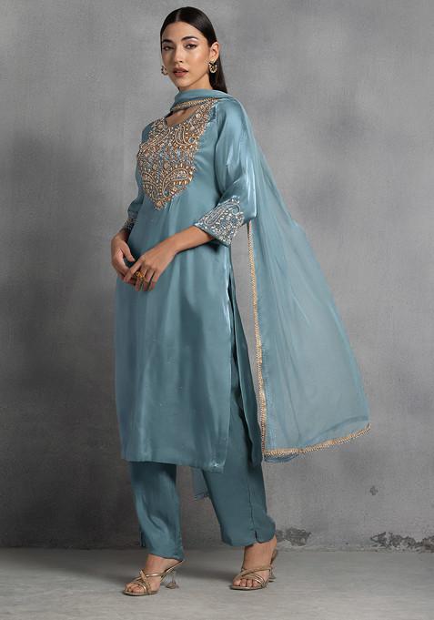 Blue Pearl Thread Hand Embroidered Kurta Set With Pants And Dupatta