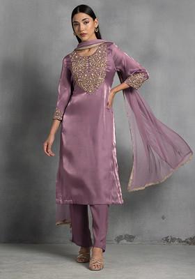 Purple Pearl Thread Hand Embroidered Kurta Set With Pants And Dupatta