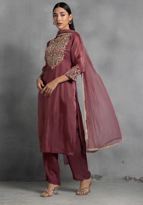 Rusty Rose Pearl Thread Hand Embroidered Kurta Set With Pants And Dupatta
