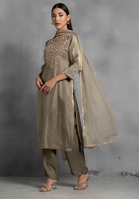 Golden Brown Pearl Thread Hand Embroidered Kurta Set With Pants And Dupatta