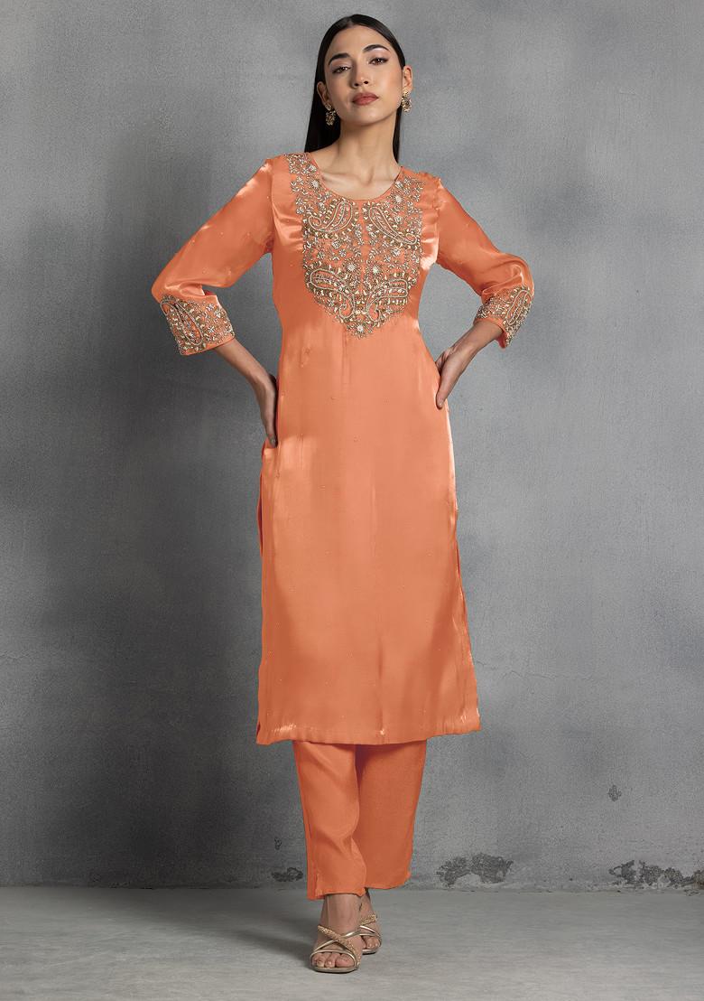 Orange Pearl Thread Hand Embroidered Kurta Set With Pants And Dupatta