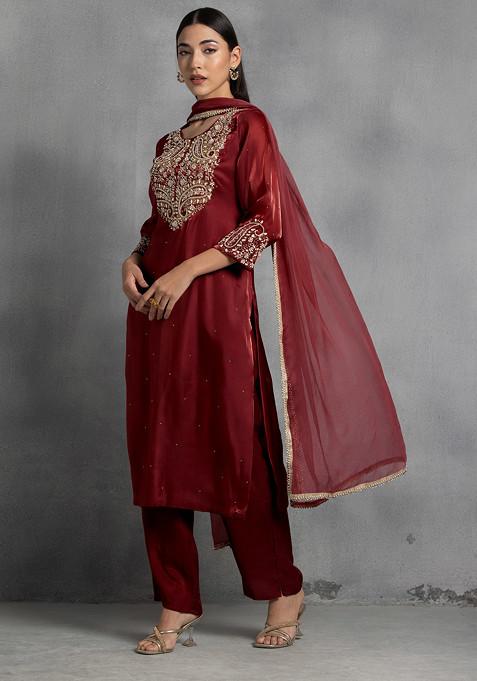Red Pearl Thread Hand Embroidered Kurta Set With Pants And Dupatta