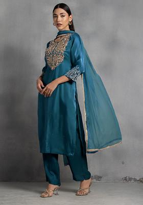 Dark Blue Pearl Thread Hand Embroidered Kurta Set With Pants And Dupatta
