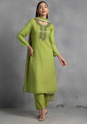 Olive Gota Patti Hand Embroidered Kurta Set With Pants And Dupatta